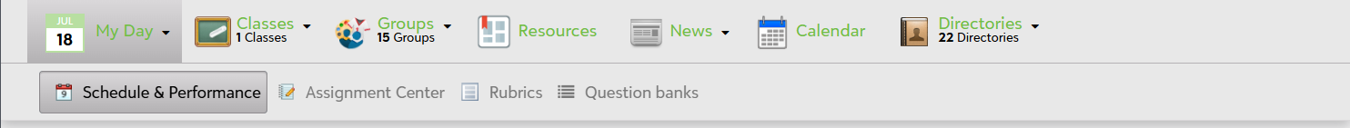 Faculty top level menu displays My Day, Classes, Groups, Resources, News, Calendar, and Directories